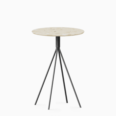 Round terrazzo bar table with speckled stone top and powdercoated aluminium base.