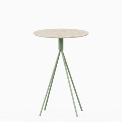 Round terrazzo bar table with speckled stone top and powdercoated aluminium base.