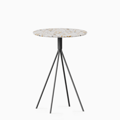 Round terrazzo bar table with speckled stone top and powdercoated aluminium base.