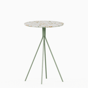 Round terrazzo bar table with speckled stone top and powdercoated aluminium base.