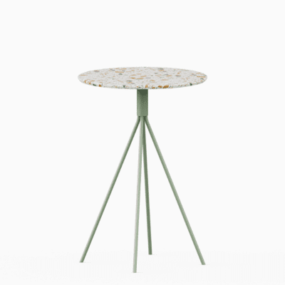 Round terrazzo bar table with speckled stone top and powdercoated aluminium base.