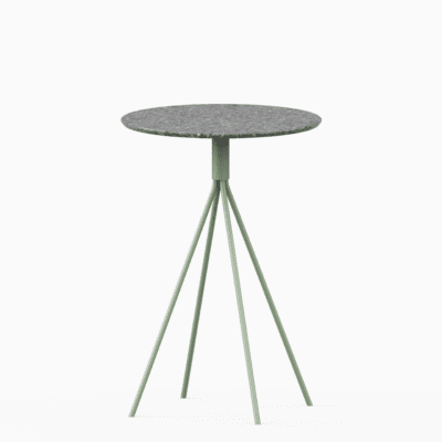 Round terrazzo bar table with speckled stone top and powdercoated aluminium base.